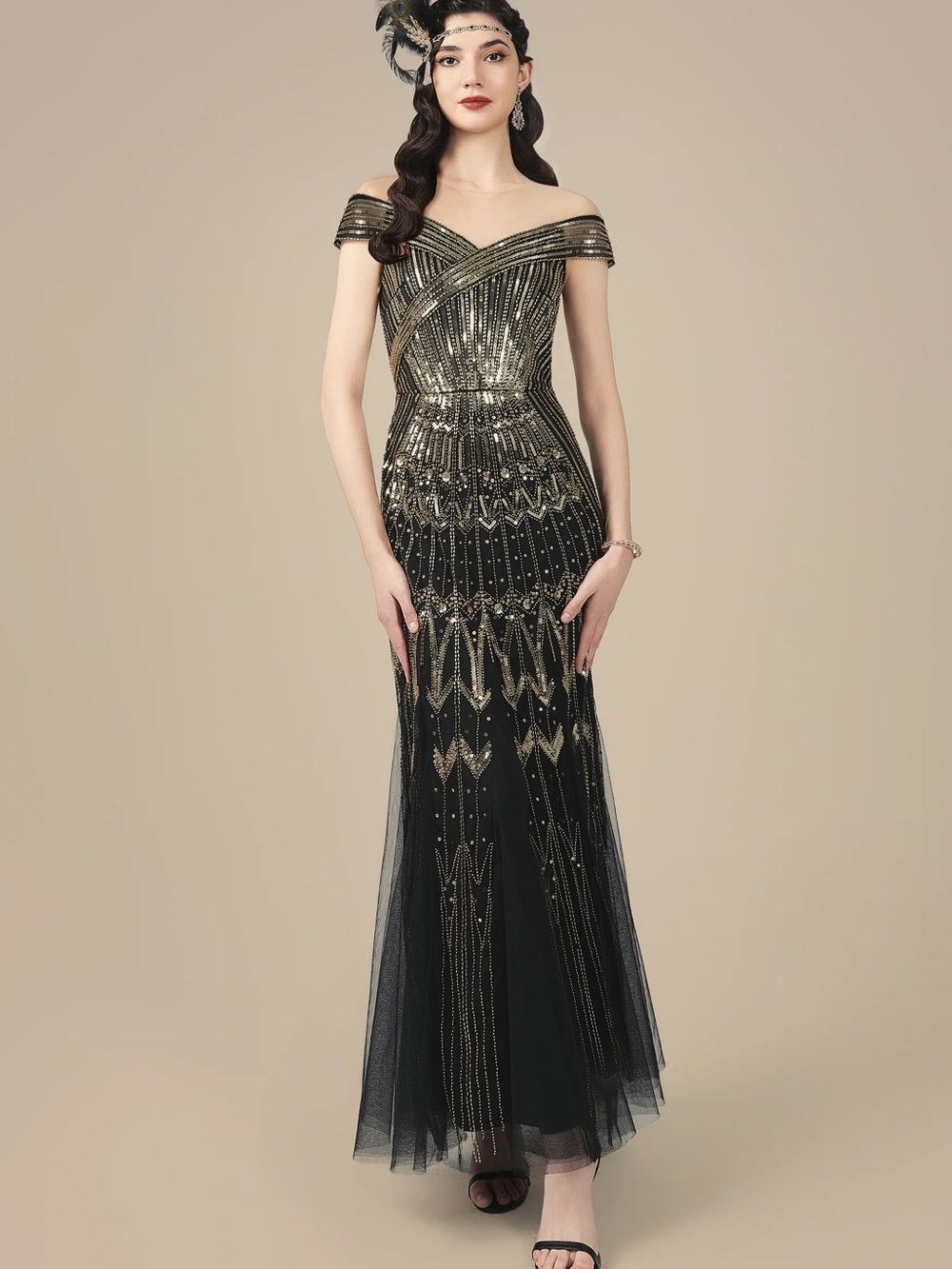 Off-Shoulder Black and Gold Evening Gown